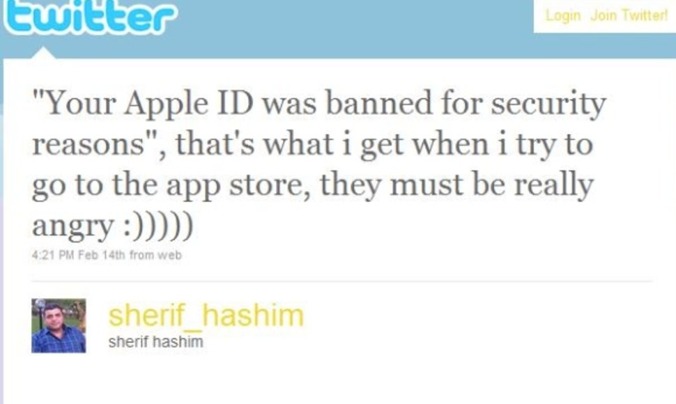 Sherif Hashim apie užblokuotą „Apple ID“ pranešė savo „Twitter“ sraute.