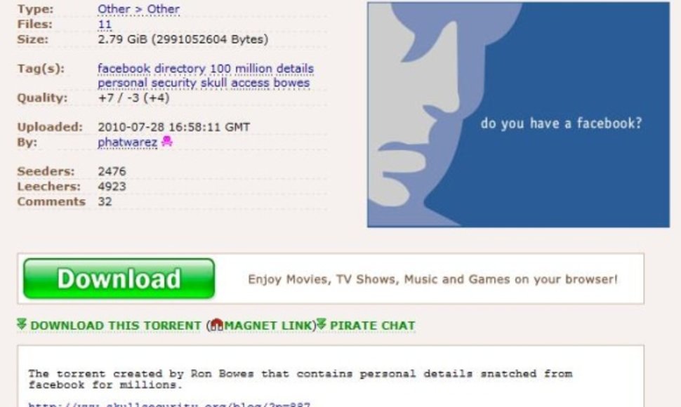 Didžiausiame failų dalinimosi tinklalapyje „The Pirate Bay“ sąrašą jau atsisiuntė per 5 tūkst. vartotojų. 