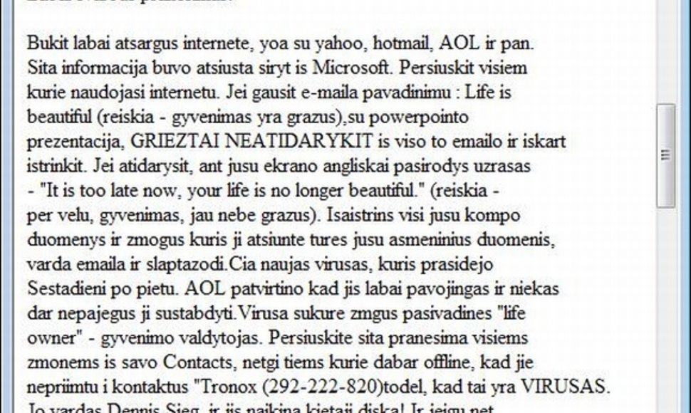 Lietuvoje plinta apie netikrą virusą skelbiantys el. laiškai. 