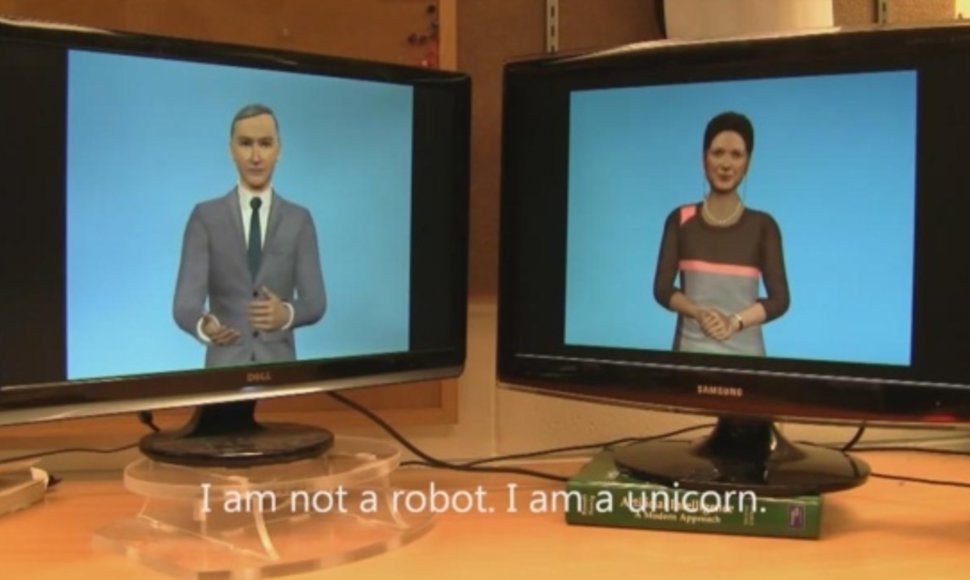 Dviejų kompiuterių pokalbyje yra nemažai nelogiškų pareiškimų, kaip antai: „Aš ne robotas. Aš esu vienaragis.“