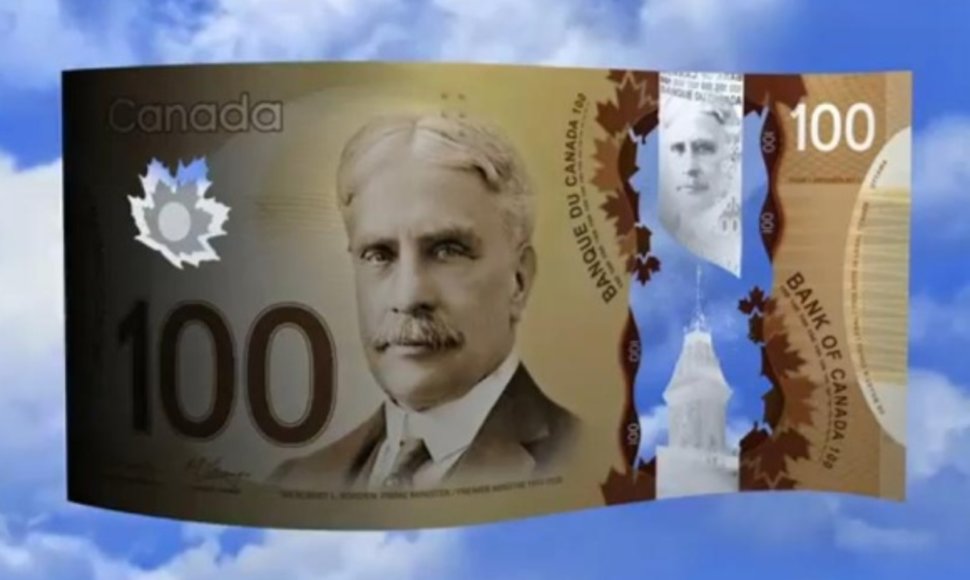 Naujasis 100 Kanados dolerių banknotas, pagamintas iš plastiko.