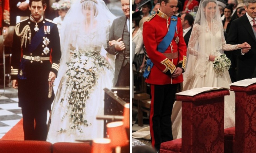 Prognozuojama, kad Kate Middleton vestuvinė suknelė, kaip princesės Dianos (nuotr. kairėje), į mados istoriją nepateks ir liks tik kaip karališkų vestuvių istorijos dalis.