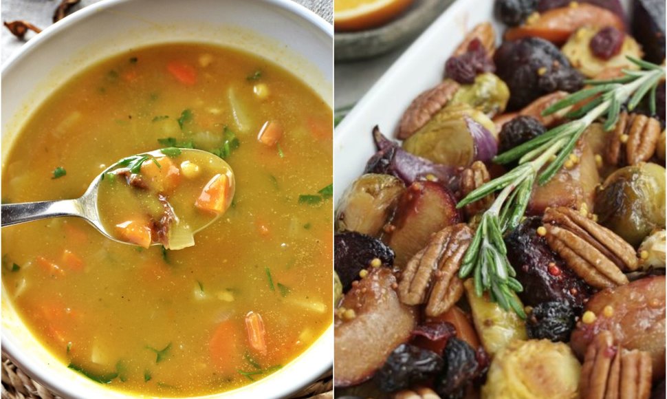 Žirnių sriuba ir keptos daržovės