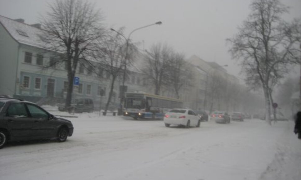 Pustomas sniegas trikdė matomumą.