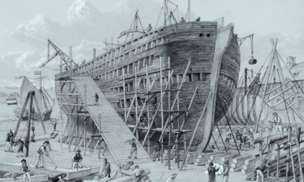 Laivo statybų akimirka. Šarūno Leonavičiaus piešinys.