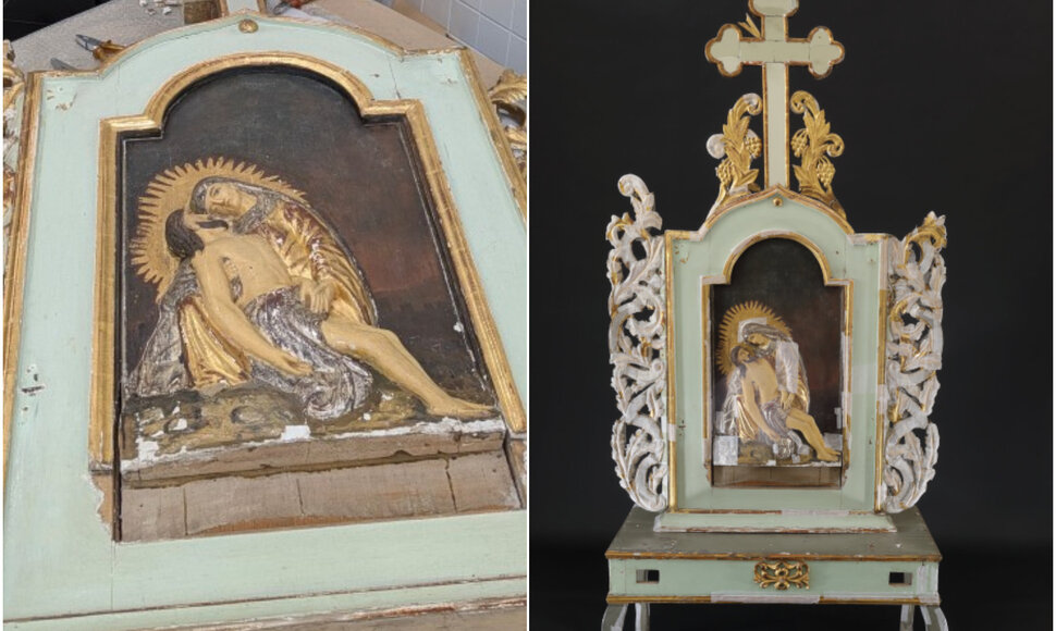 Ne&scaron;iojamas altorėlis prie&scaron; ir po restauravimo (atvežta i&scaron; Tirk&scaron;lių Kristaus Karaliaus parapijos