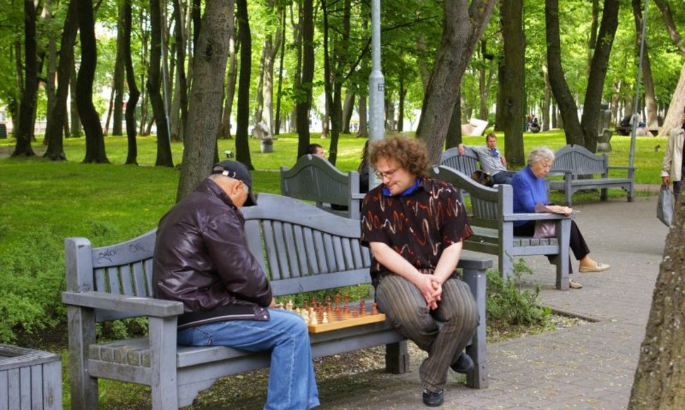Žaidėjai prie šachmatų lentos susitinka Skulptūrų parke.