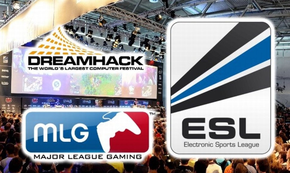 Elektroninio sporto organizacijų ESL, „DreamHack“ ir MLG logotipai.