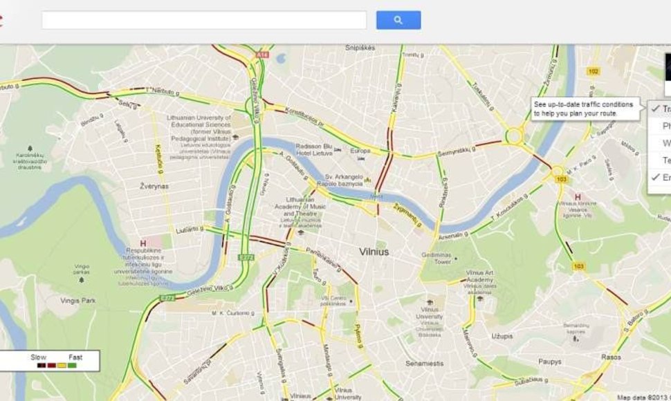 „Google Maps“ Vilniaus žemėlapiuose pateikiama realaus laiko informacija apie eismo sąlygas