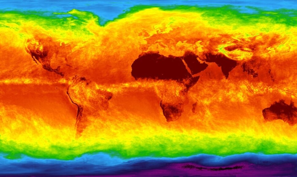 NASA palydovo „Aqua“ infraraudonųjų spindulių davikliais išmatuota temperatūra Žemės paviršiuje