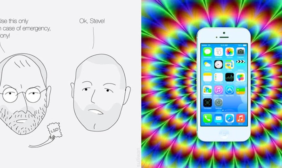 Internautai šmaikštauja, esą spalvingą „iOS 7“ aplinką Jonathanas Ive'as sugalvojo pavartojęs narkotikų, kurie vienu metu suteikė įkvėpimo ir buvusiam „Apple“ vadovui Steve'ui Jobsui