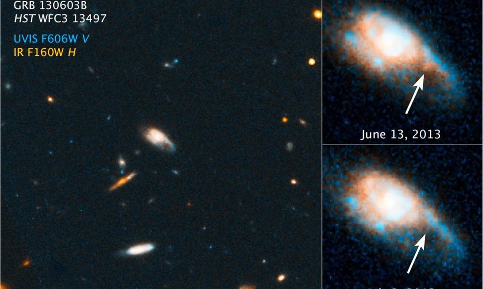 Šiuos kadrus užfiksavo kosminis teleskopas „Hubble“. Kadrai iliustruoja naują žvaigždžių sprogimo tipą – kai susilieja du itin tankūs objektai (dvi neutroninės žvaigždės arba neutroninė žvaigždė ir juodoji skylė). Kairiau esančios nuotraukos centre matoma galaktika birželio 3 d. generavo trumpalaikį