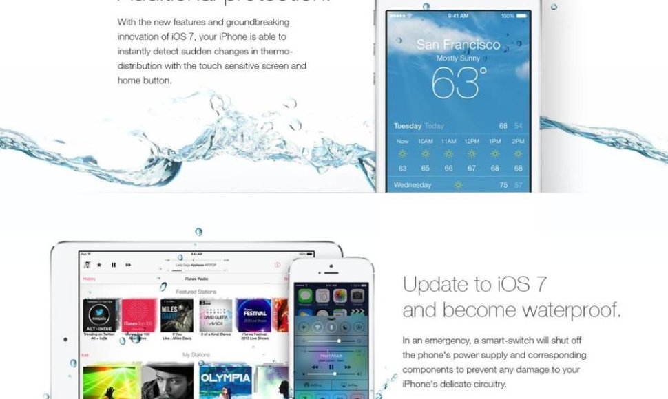 Internete plinta „Apple“ reklamą primenantis paveikslėlis, kuriame rašoma, esą atnaujinus įrenginio operacinę sistemą į „iOS 7“ įrenginys taps atsparus vandeniui.