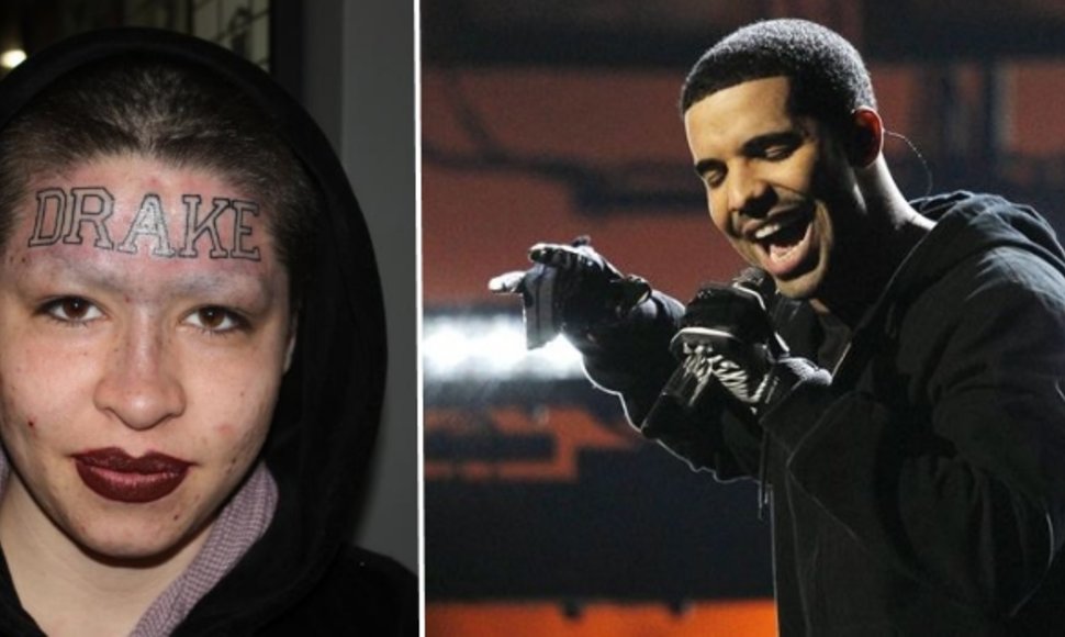 Drake'o gerbėja savo dievaitį įamžino sau ant kaktos.