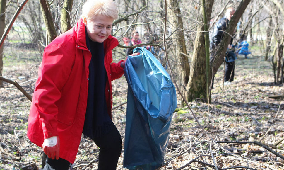 Prezidentė Dalia Grybauskaitė tvarkė miškelį-parką Filaretų gatvėje.