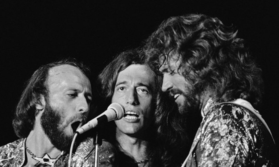 Grupės „Bee Gees“ nariai (iš kairės) Maurice'as, Robinas ir Barry Gibbai 1979 metais vykusiame koncerte