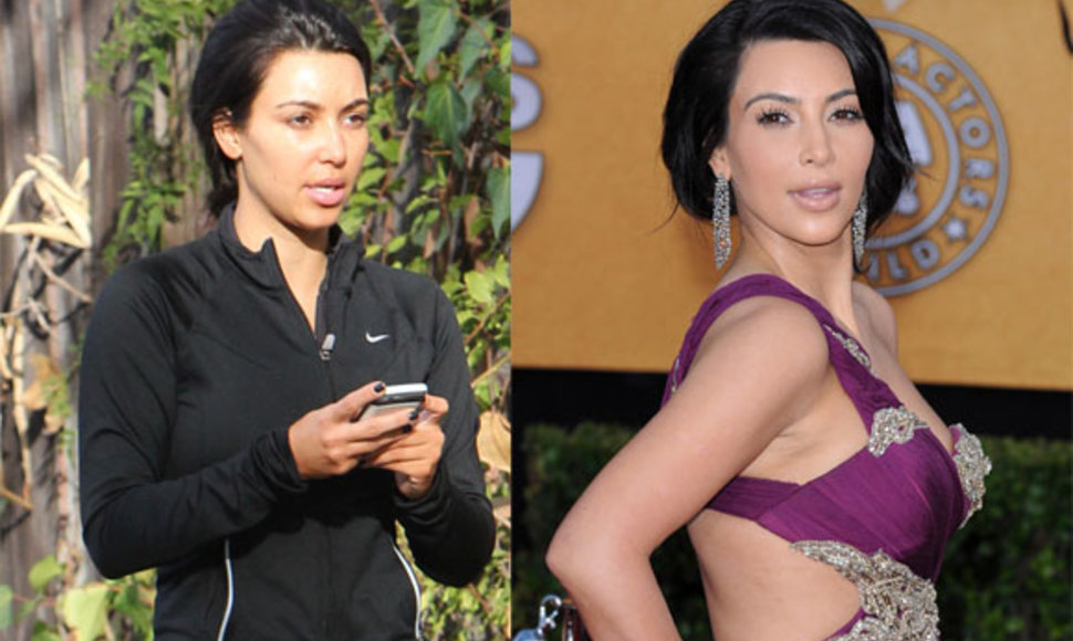 Kim Kardashian be makiažo ir su makiažu