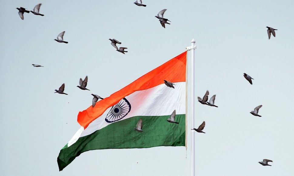 Paukščiai skrenda šalia Indijos vėliavos