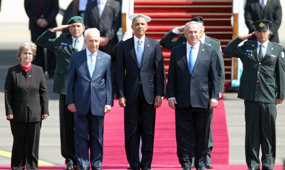 Izraelio prezidentas Shimonas Peresas, JAV prezidentas Barackas Obama ir Izraelio ministras pirmininkas Benjaminas Netanyahu