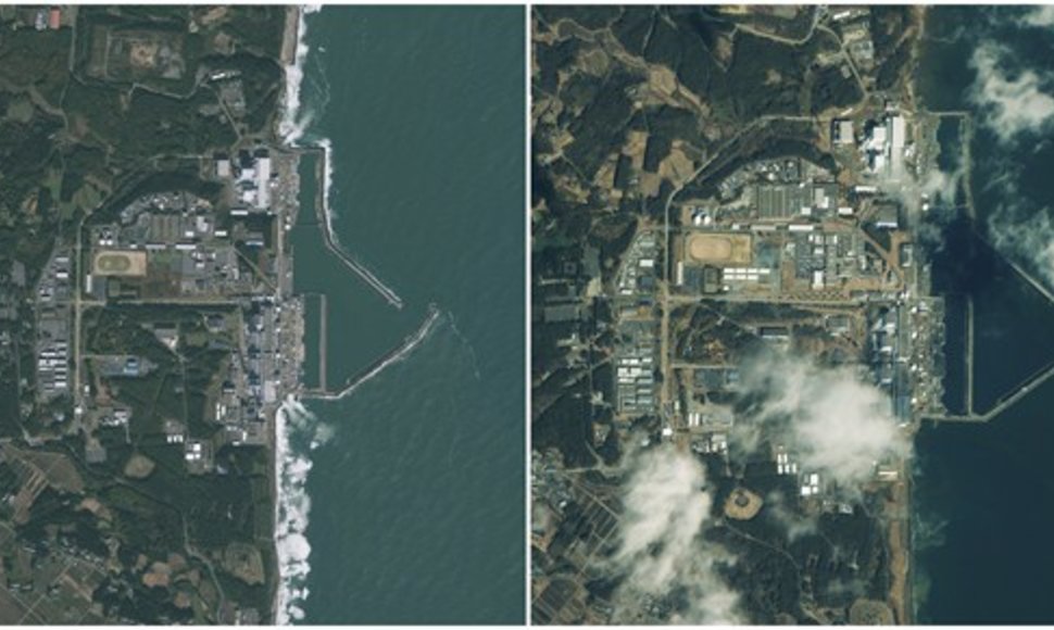 Fukušima-1 atominė elektrinė prieš žemės drebėjimą (kairėje) po (dešinėje)