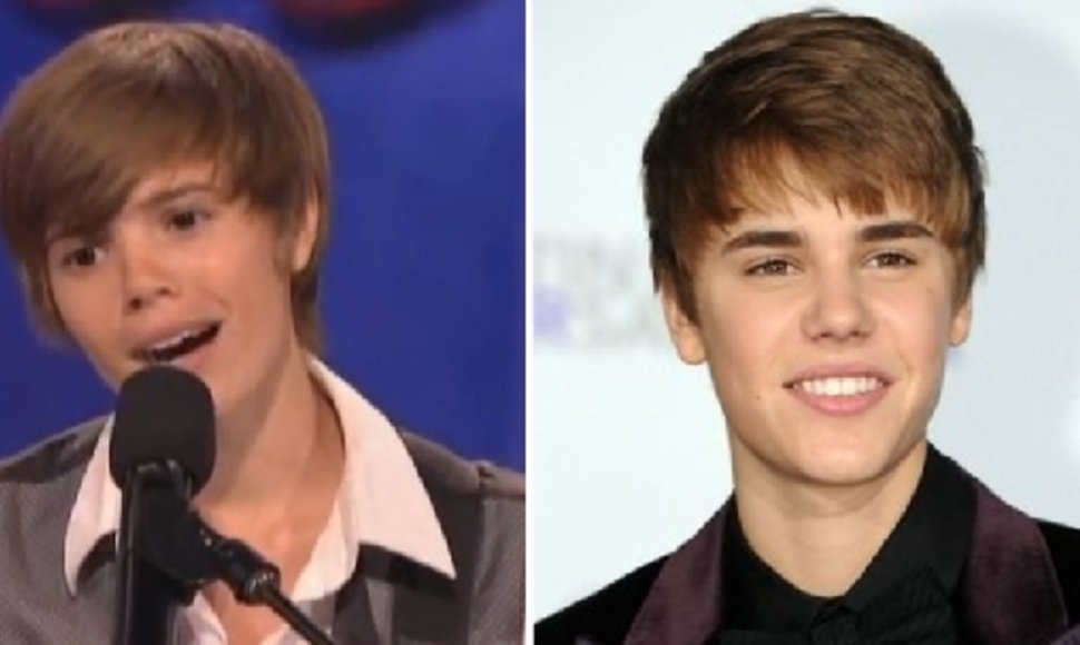 Kairėje – Justino Bieberio antrininkė mergina, dešinėje – Justinas Bieberis