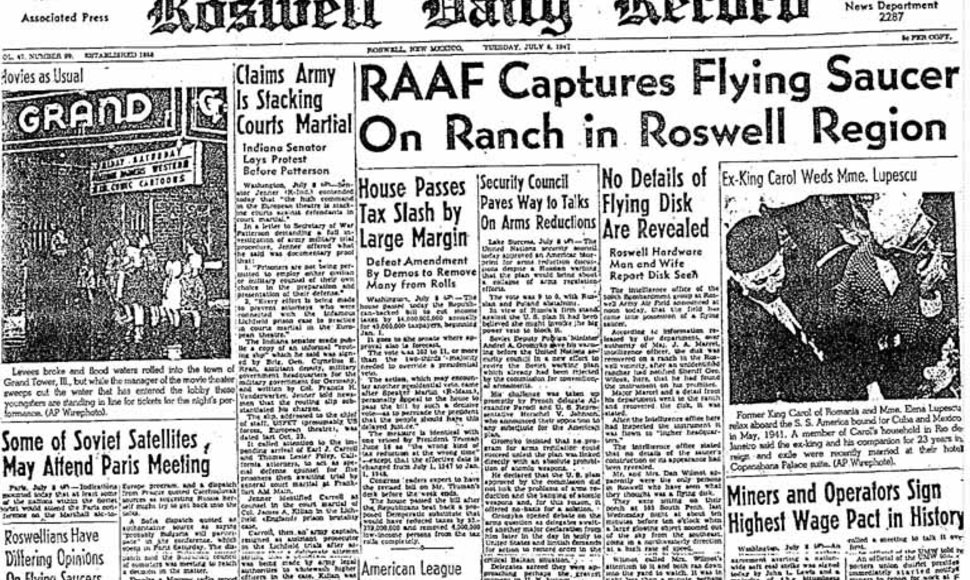 1947 metų liepos 7 dienos laikraščio „Roswell Daily Record“ straipsnis apie Rosvelą.