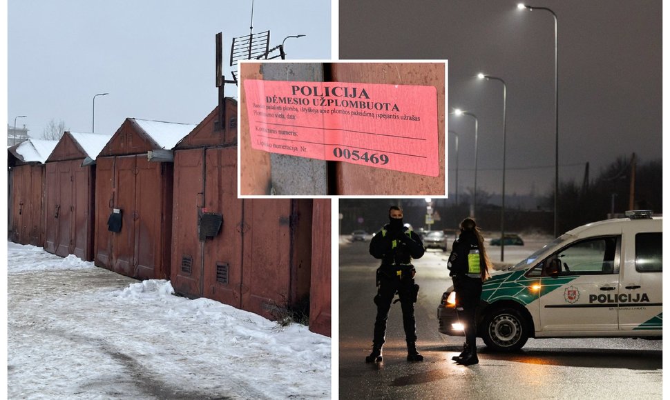 Kauno policijos pareigūnai ir garažas, kuriame buvo rasta pagrobta mergaitė