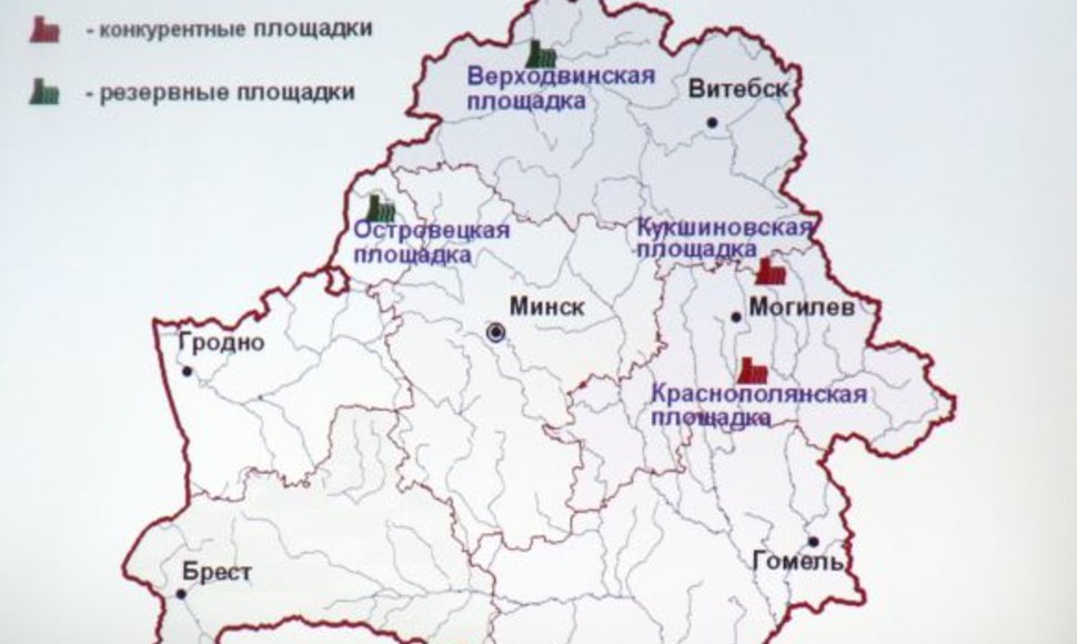 Planuojamos vietos atominėms elektrinėms Baltarusijoje. Iš keturių variantų pasirinktas Astravas