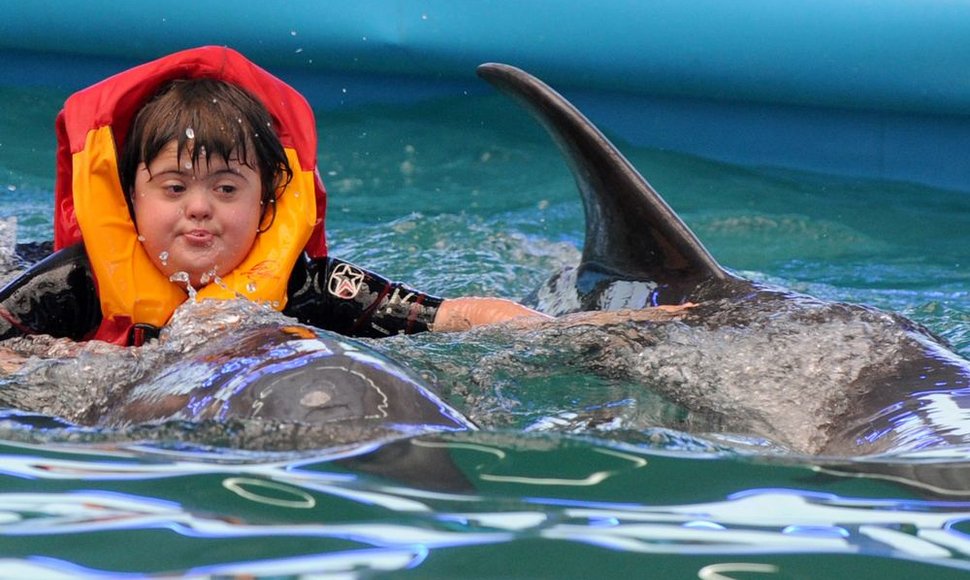 Dauno sindromo paveiktų vaikų terapija su delfinais