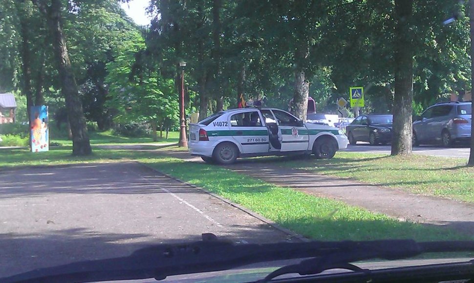 Policijos automobilis ant žolės ir šaligatvio