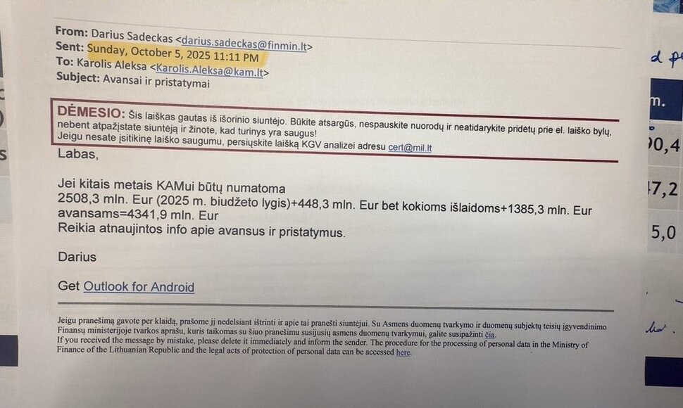 Elektroninis lai&scaron;kas dėl asignavimų Kra&scaron;to apsaugos ministerijai