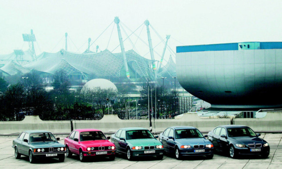 BMW 3 serija (iš kairės: E21, E30, E36, E46, E90)