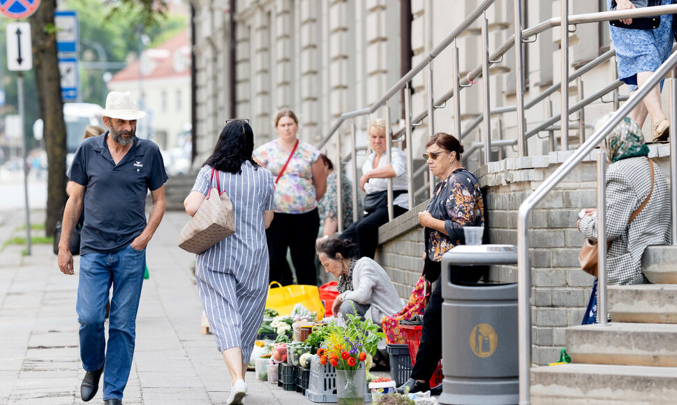 Gėlių, uogų, daržovių pardavėjai Vilniaus gatvėse
