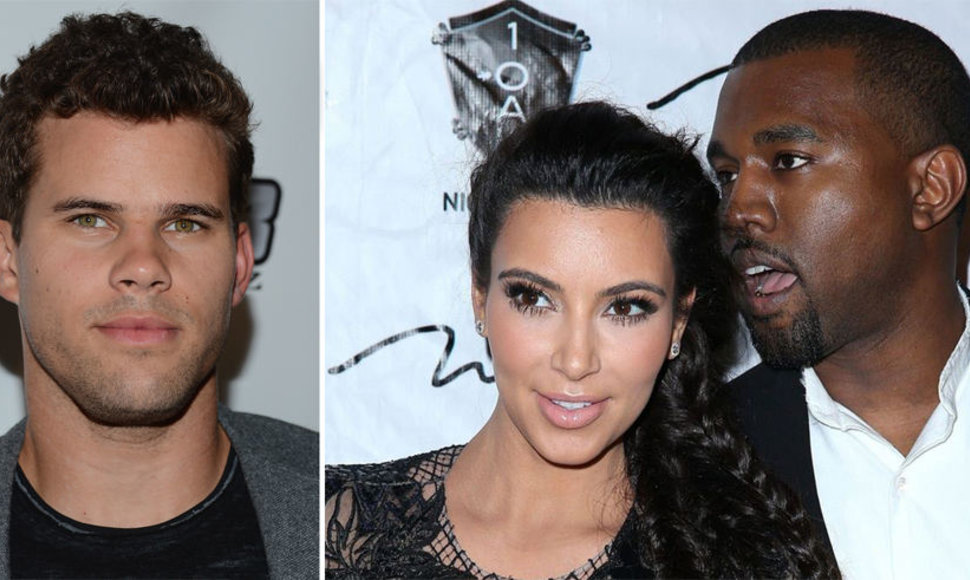 Kim Kardashian ir Kanye Westas bei Krisas Humphriesas (kairėje)