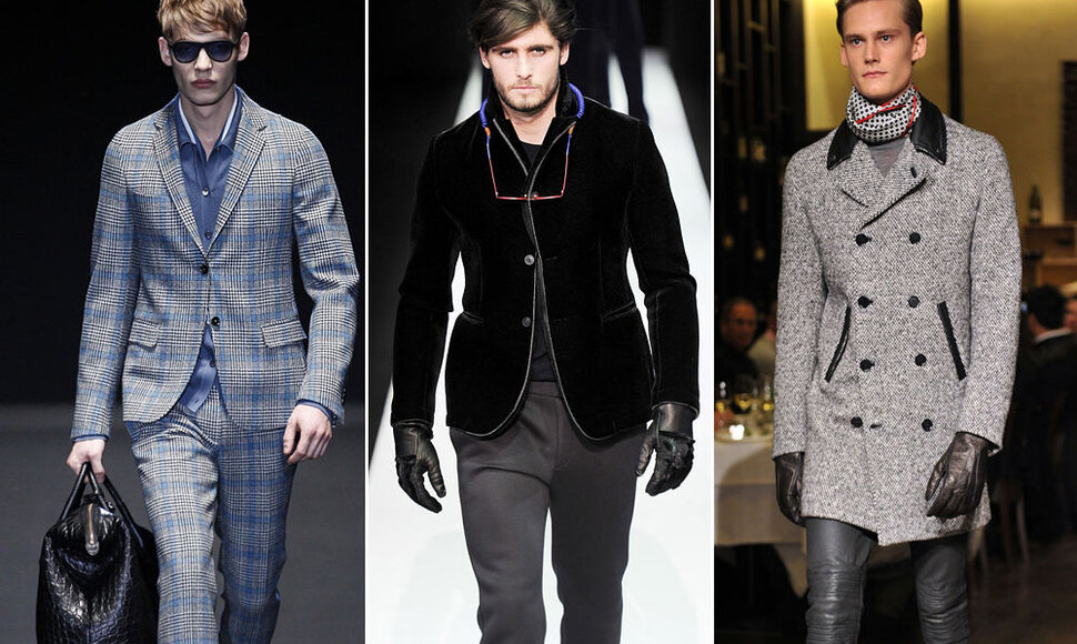Iš kairės: mados namų „Gucci“, „Emporio Armani“ ir „Moschino“ 2013-2014 m. žiemos kolekcijos vyrams.