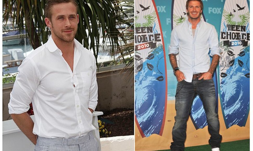 Kairėje: Ryanas Goslingas; dešinėje: Davidas Beckhamas