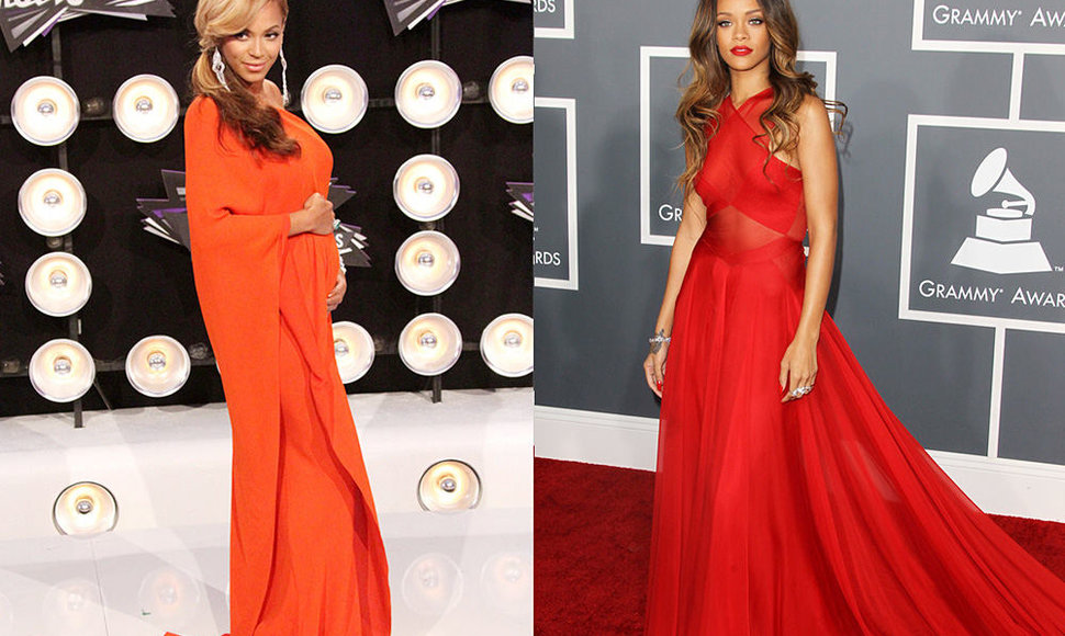 Kairėje: Beyonce Los Andžele, 2011 „MTV Video Music Awards“ apdovanojimuose, pirmą kartą viešai pasirodžiusi besilaukianti pirmagimio. Dešinėje: Rihanna 55-uosiuose „Grammy“ apdovanojimuose Los Andžele.