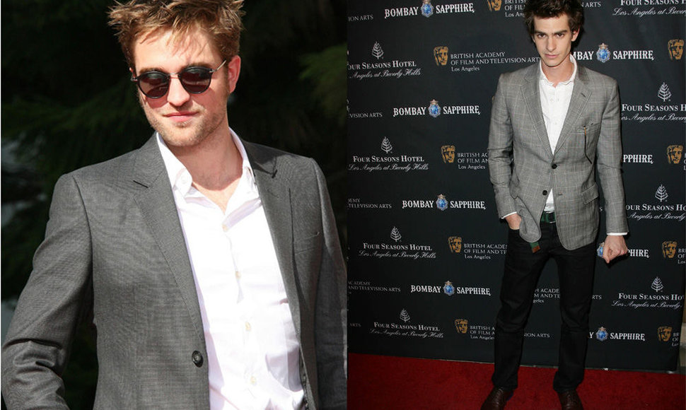 Kairėje: Robertas Pattinsonas filmo „Saulėlydis: užtemimas“ premjeroje Holivude. Dešinėje: Andrew Garfieldas BAFTA apdovanojimuose Los Andžele.