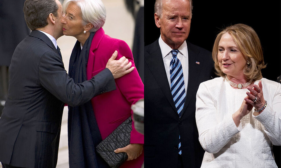 Kairėje: Prancūzijos prezidentas Nicolas Sarkozy bučiuoja Tarptautinio valiutos fondo prezidentę Christine Lagarde. De&scaron;inėje: buvusi JAV valstybės sekretorė Hillary Clinton apdovanojimų ceremonijoje Va&scaron;ingtone. 