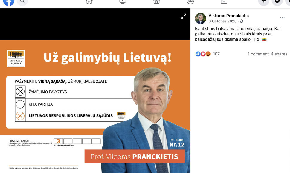 Viktoro Pranckiečio reklama „Facebook“ puslapyje