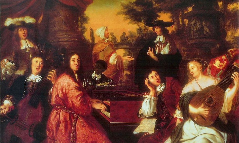Johannes Voorhout – Namų muzikavimo scena. Prie klavesino – J.A.Reinckenas, galvą parėmęs sėdi D.Buxtehudė