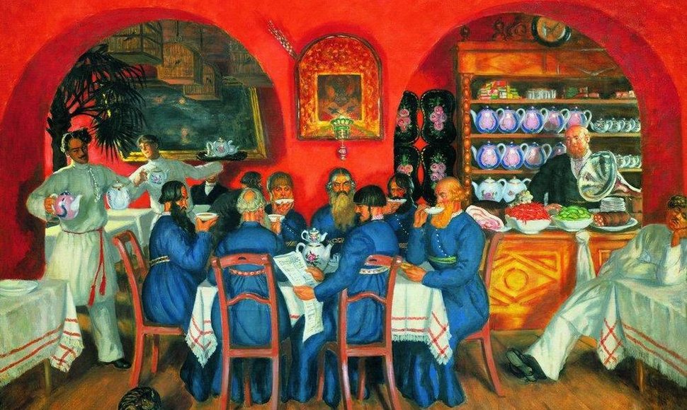 Šnipų veikloje tuo metu itin svarbų vaidmenį atliko pirkliai, kurie ir prekiavo, ir skleidė svarbias žinias. B.M.Kustodijevo paveikslas „Maskvos smuklė“. 1916 m.