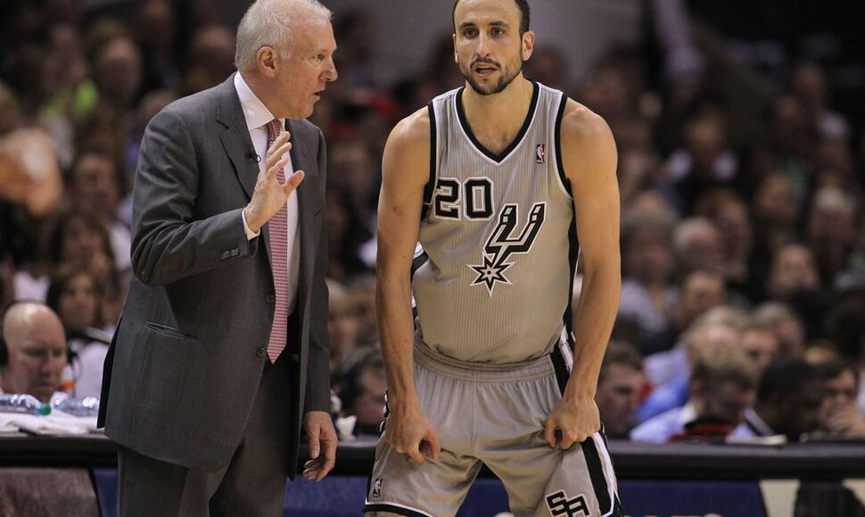 &bdquo;Spurs&ldquo; treneris Gregas Popovičius ir Manu Ginobili.