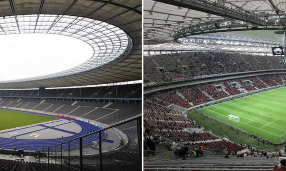 Berlyno olimpinis stadionas (kairėje) ir Varšuvos nacionalinis stadionas (dešinėje)