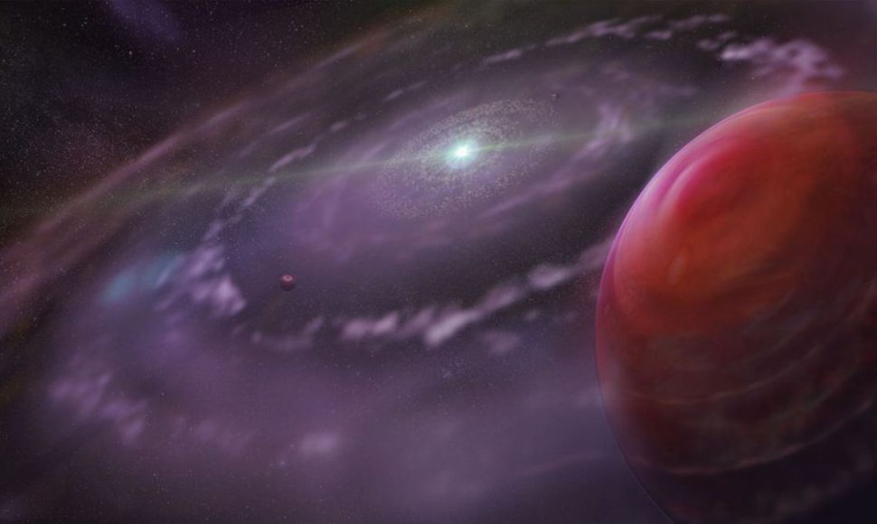 Milžiniška planeta „HR 8799c“, tankus dujų ir dulkių debesis bei aplink esančios planetos. Iliustruojama, kaip planetinė sistema galėjo atrodyti ankstyvuoju formavimosi laikotarpiu.