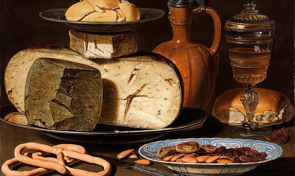 Claros Peeters paveikslas  „Natiurmortas su sūriu, migdolais ir riestainiais“