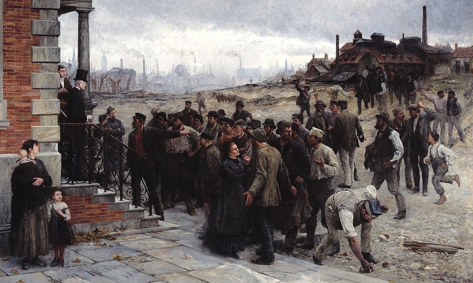 Streikuojantys darbininkai susitinka su fabriko savininku, 1886 m. Roberto Koehlrerio paveikslas