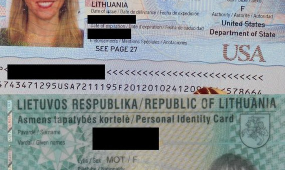 Amerikietiško paso ir lietuviškos asmens taptaybės kortelės pavyzdžiai