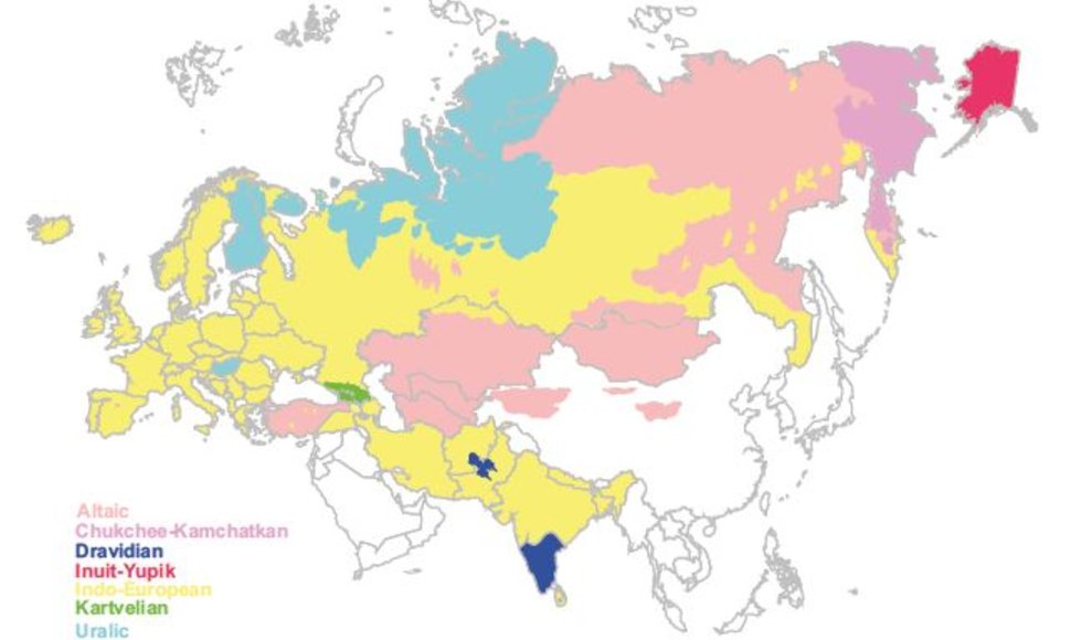 Eurazijos žemėlapis, kuriame skitingomis spalvomis pavaizduotos dabartinių kalbų šeimos