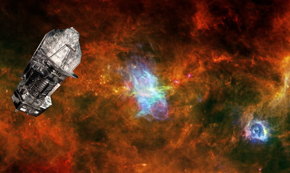 Fotomontažinė iliustracija, kurioje pavaizduotas „Herschel“ kosminis teleskopas virš besiformuojančios žvaigždės regiono